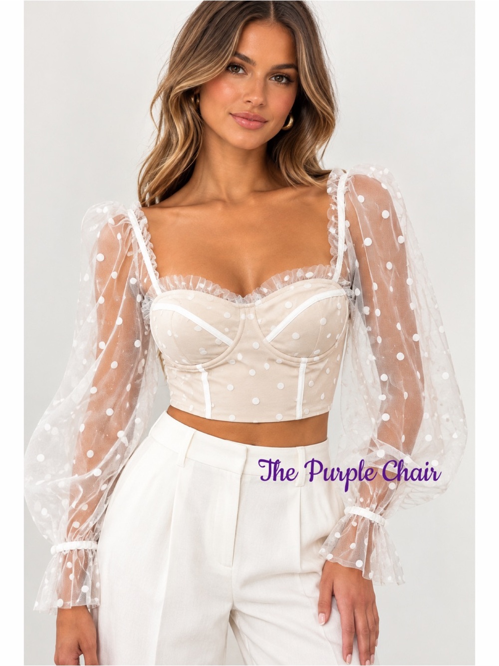 RNWY NWT White Polka Dot Mesh Balloon Sleeve Sweetheart Neck Crop Top